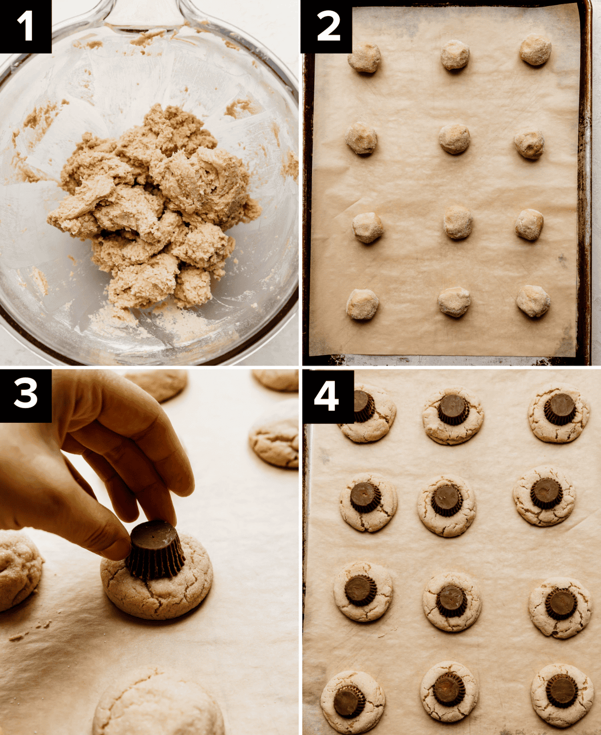 Four images showing how to make peanut butter spider cookie dough, then adding a mini Reese's peanut butter to the top of each cookie.