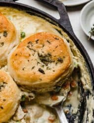 Close up of Cast Iron Chicken Pot Pie in a Lodge skillet.