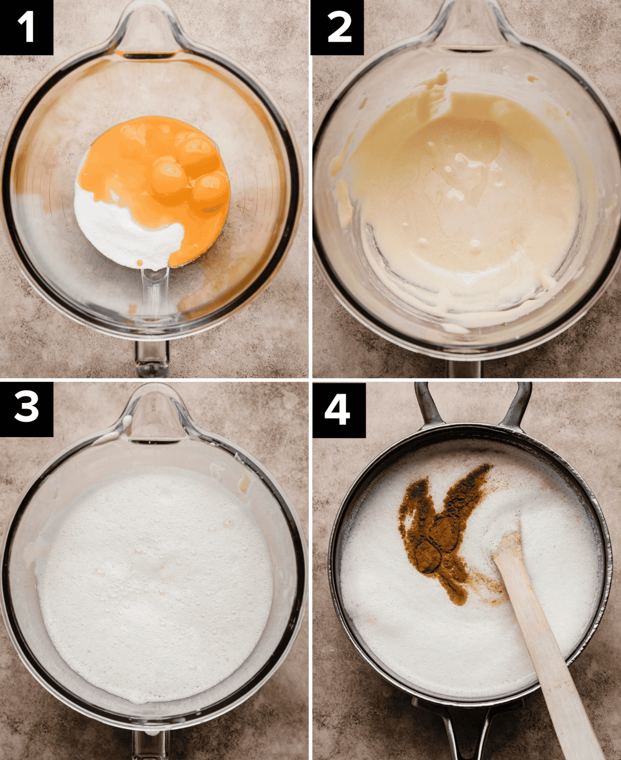 Four photos showing the making of a cinnamon ice cream base with egg yolks and sugar, and then the addition of cream and cinnamon.