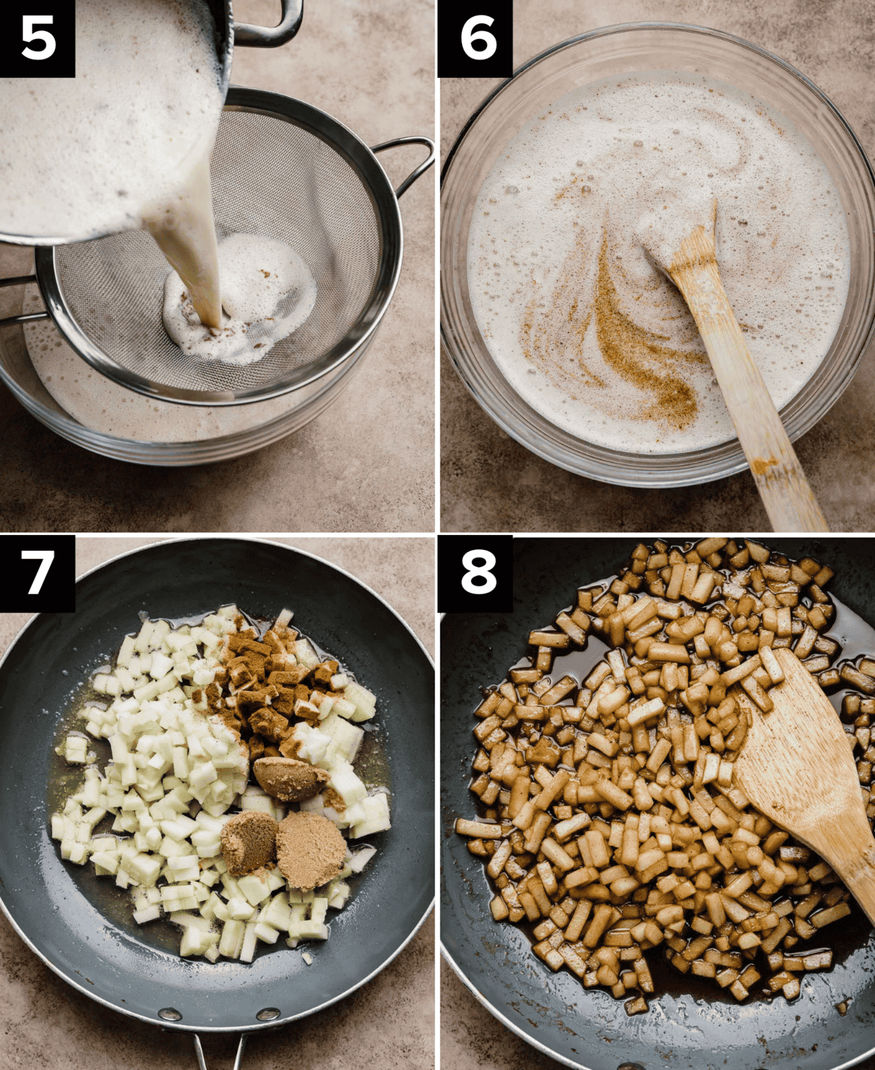 Four photos showing the making of the best Apple Pie Ice Cream recipe, top left photo is custard poured through a fine mesh sieve, cinnamon ice cream base in a glass bowl, bottom left images are diced apples with cinnamon and brown sugar (left) and softened cinnamon apples in a skillet (right). 