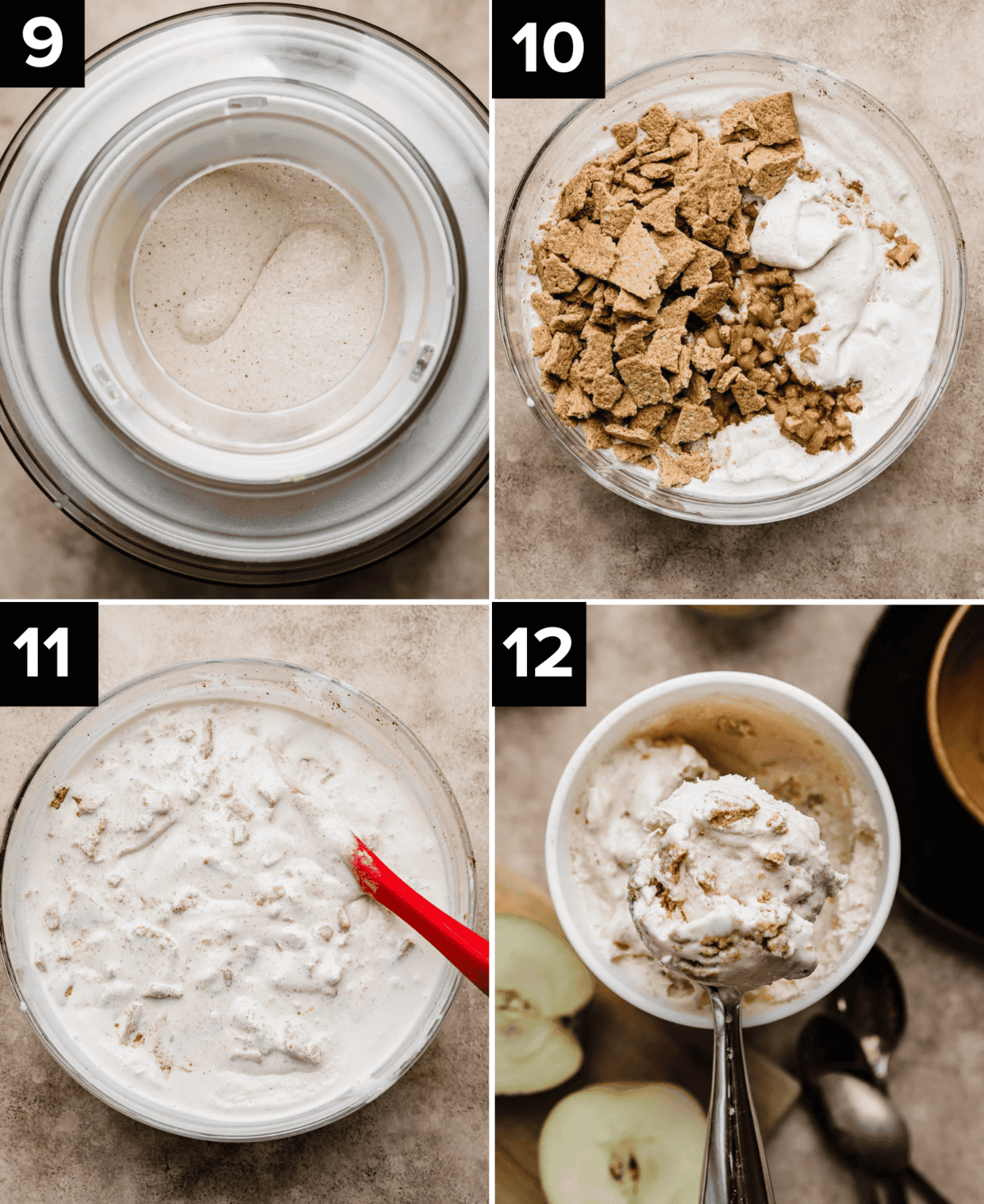 Cinnamon ice cream in ice cream churner (top left), chopped graham crackers and cooked cinnamon apples in glass bowl with ice cream mixture (top right), Apple Pie Ice Cream mixed in glass bowl (bottom left), frozen Apple Pie Ice Cream on an ice cream scoop against brown background (bottom right).