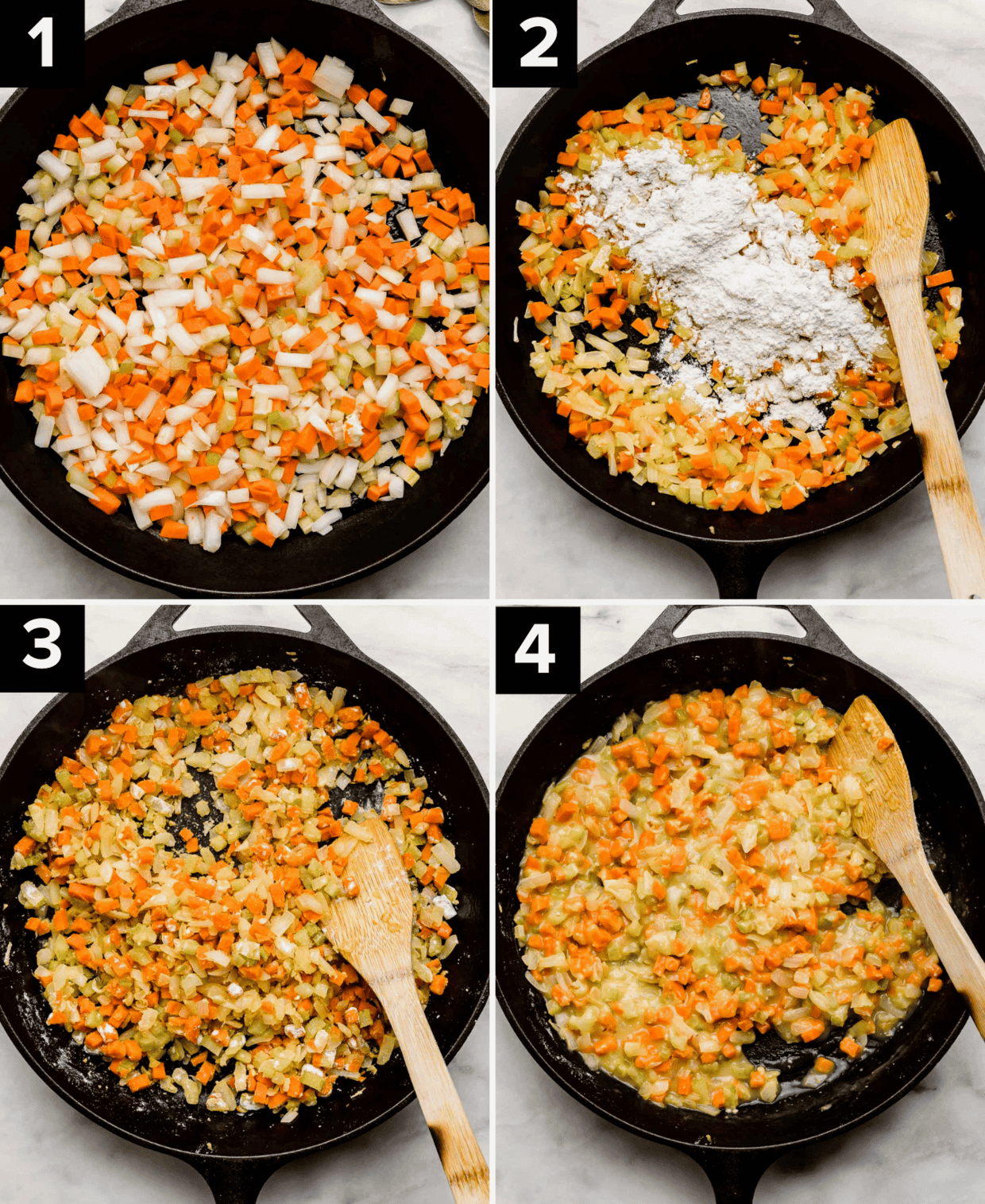 Four photos showing the beginning of process of making Cast Iron Chicken Pot Pie by cooking diced onion, celery, and carrots in a skillet.