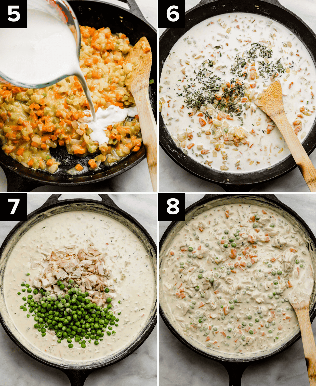 Half and half being added to a Cast Iron Chicken Pot Pie mixture in a black pan, top right photo is white milk mixture mixed in with diced veggies, bottom left is chicken and peas added to a white pot pie mixture in a cast iron skillet, bottom right photo is cooked and creamy Cast Iron Chicken Pot Pie mixture in a black cast iron skillet.