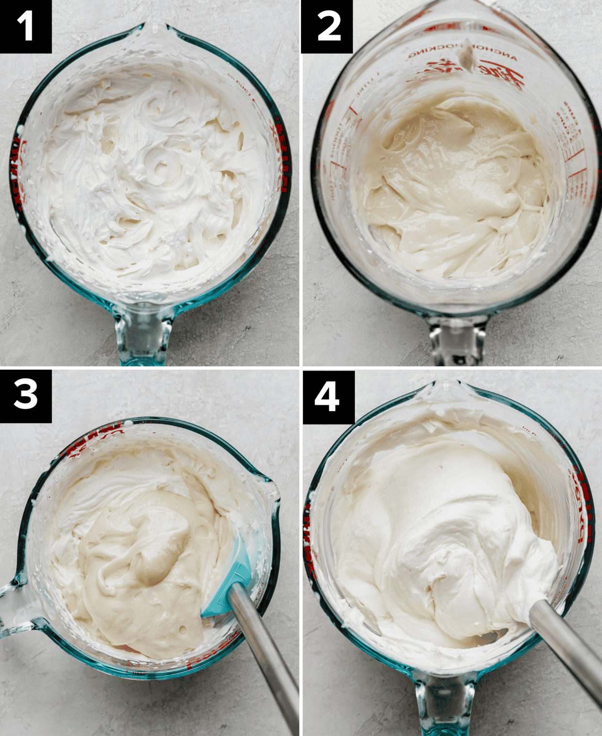 Top left photo is stiff peak whipped heavy cream, top right is smooth cream cheese mixture in glass bowl, bottom left photo is cream cheese mixture over the heavy cream, bottom right photo is a white whipped cream mixture in a glass bowl.