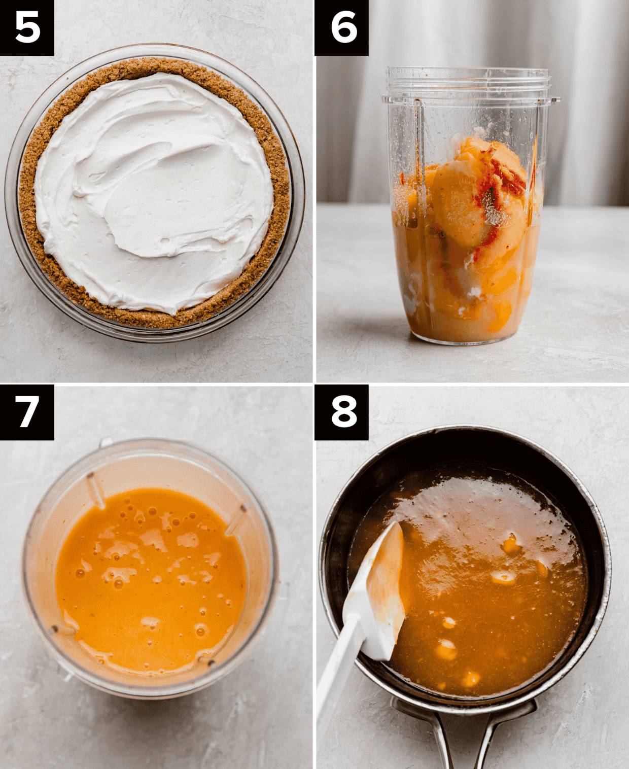 Four photos showing how to make the best Peach Cream Pie recipe, top left is cream cheese mixture in a graham cracker crust, top right is blender filled with peaches and cornstarch, bottom left is pureed peaches in blender, bottom right is pureed peach mixture in a black saucepan.