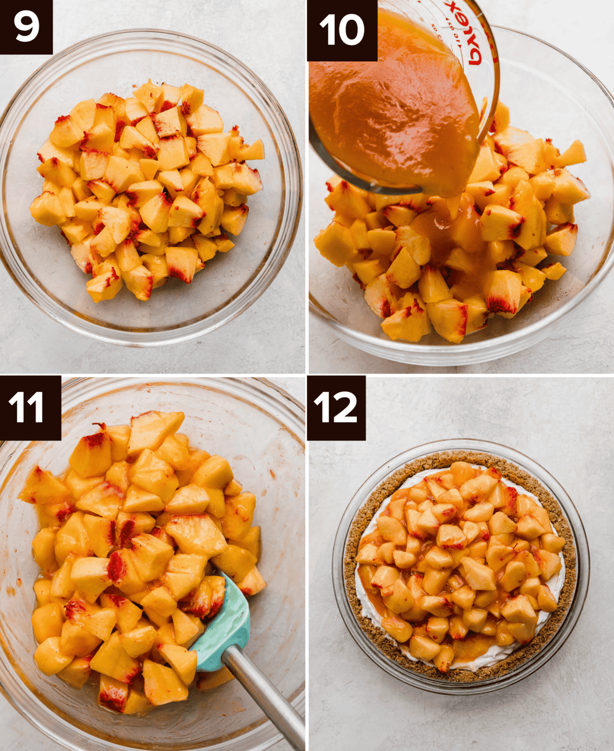 Four photos showing how to make Peach Cream Pie, top left is chopped peaches in a glass bowl, top right is peach sauce being poured over chopped peaches, bottom left image is peach sauce covered chopped peaches in glass bowl, bottom right is a fresh peach cream pie in a graham cracker crust.