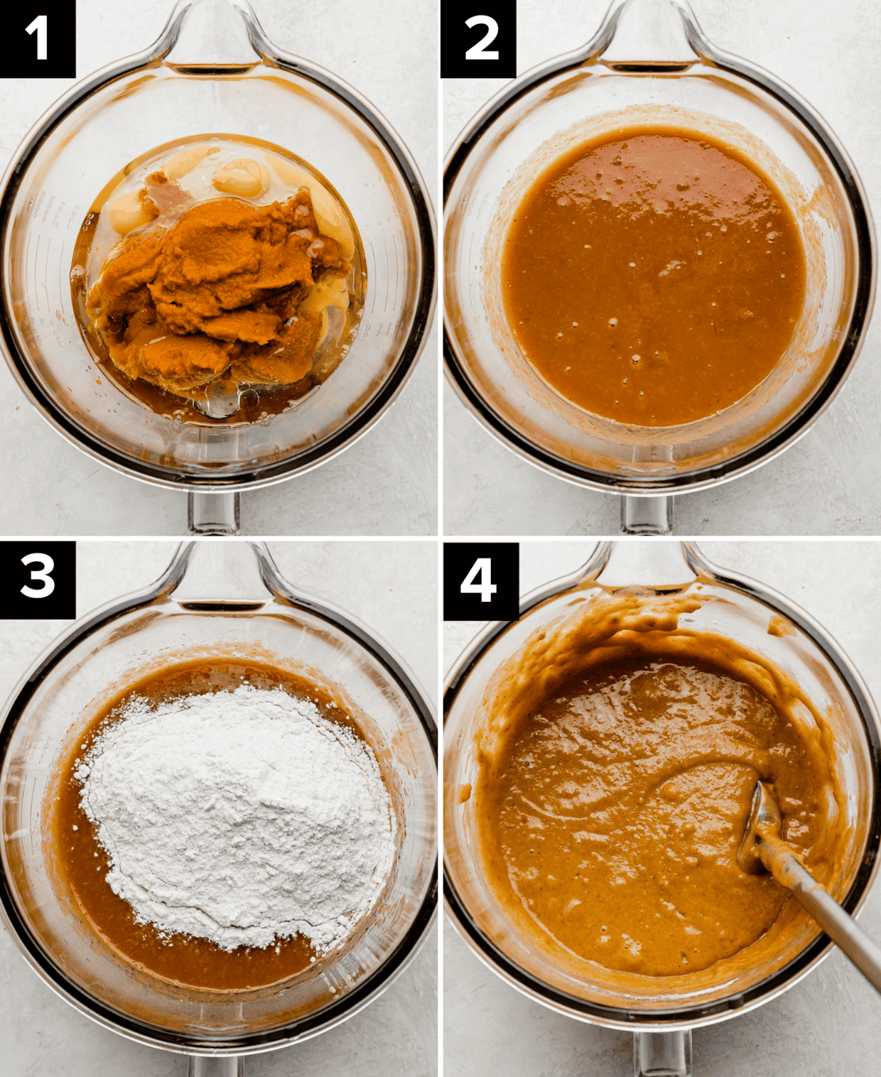 Four photos showing how to make Pumpkin Bundt Cake batter in a glass bowl.