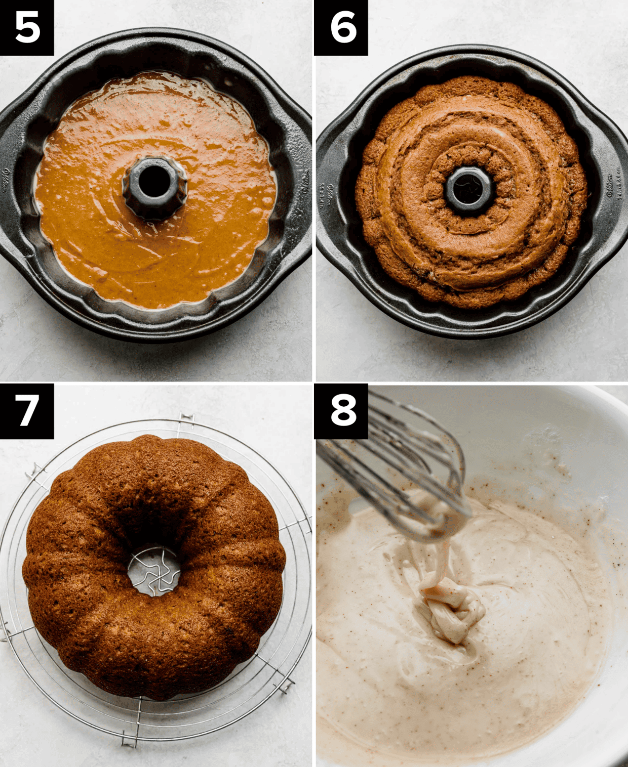 Top left image is pumpkin cake batter in a bundt pan, top right image is a baked Pumpkin Bundt Cake in a pan, bottom left photo is a Pumpkin Bundt Cake on a cooling rack, bottom right image is brown butter glaze in a white bowl.