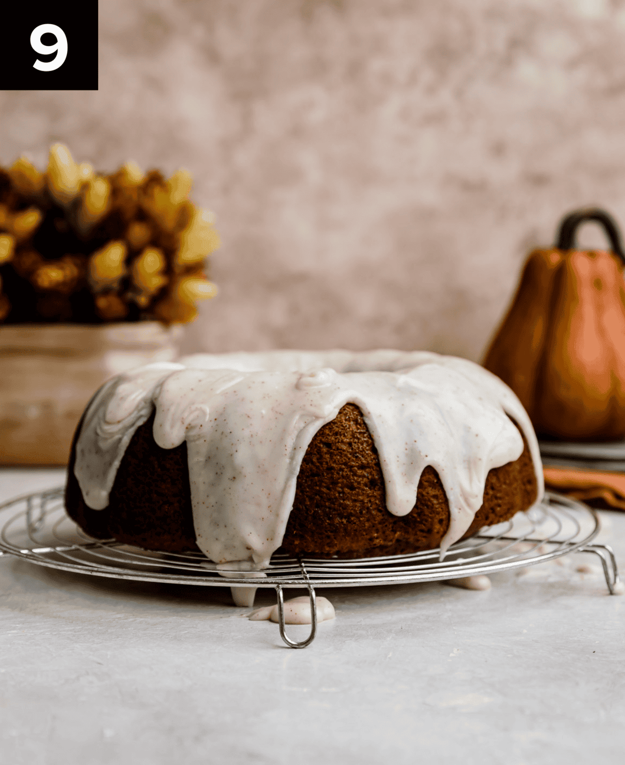 Brown butter glaze drizzled overtop a Pumpkin Bundt Cake.