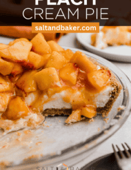 The Best peach pie recipe topped with fresh peaches and a bottom layer of cream and cream cheese with the words, "peach cream pie" written in white text above the photo.