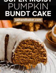 Pumpkin bundt cake topped with brown butter glaze with the words, "super moist pumpkin bundt cake" written in white text above the photo.