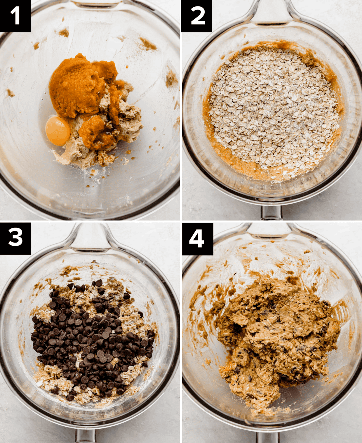 Four photos showing how to make pumpkin chocolate chip oatmeal cookies, top two photos are pumpkin puree and wet ingredients in bowl then the added dry ingredients, bottom images shows adding chocolate chips and then the cookie dough mixed together.