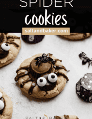 Peanut butter spider cookies for halloween, on a white surface with the words, "Spider cookies" written in white text above the photo.