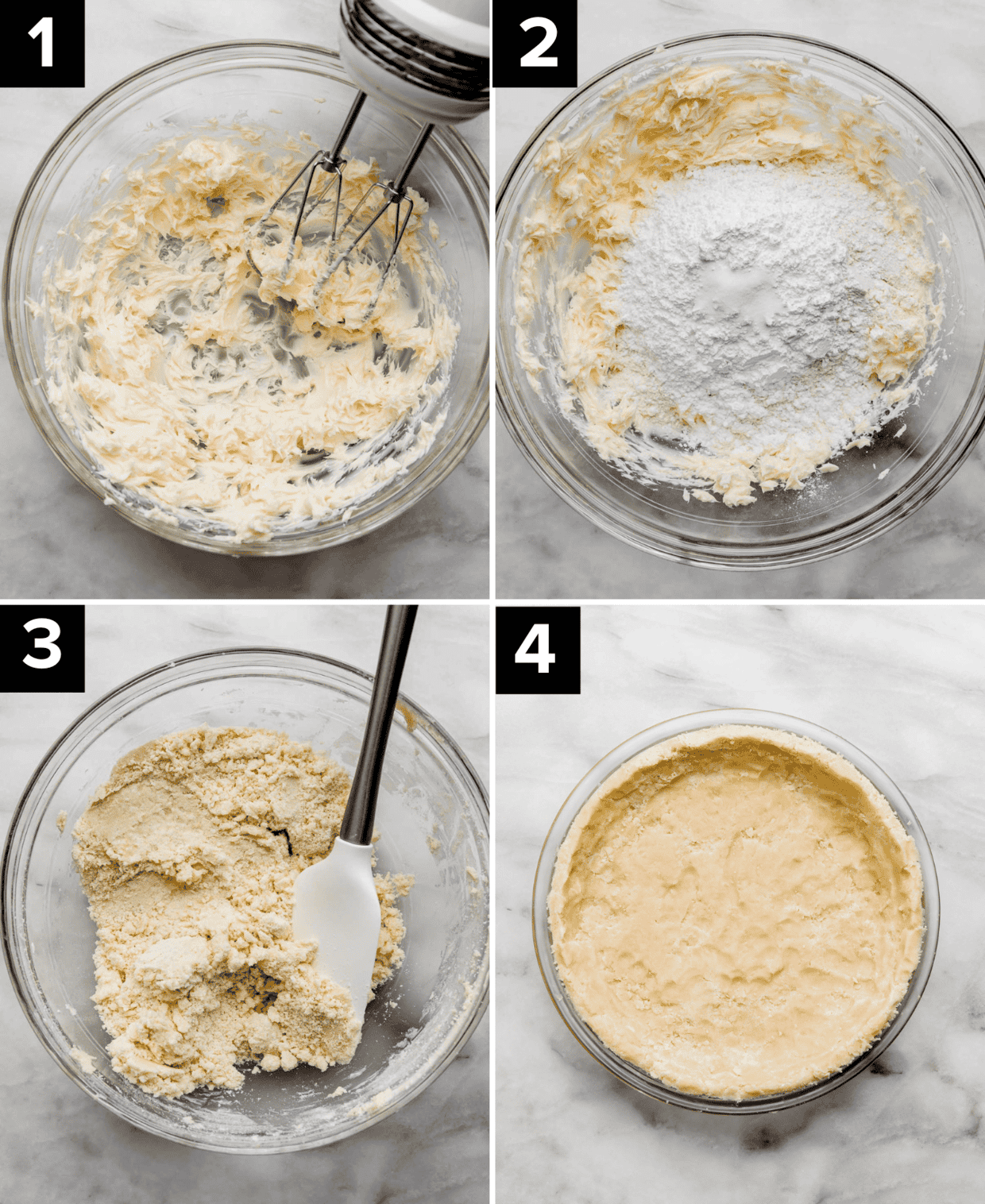 Four images showing the making of a shortbread pie crust; butter creamed in a bowl (top left), flour and powdered sugar added to creamed butter (top right), shortbread dough in glass bowl (bottom left), Shortbread Pie Crust pressed into 9" pie plate (bottom right).