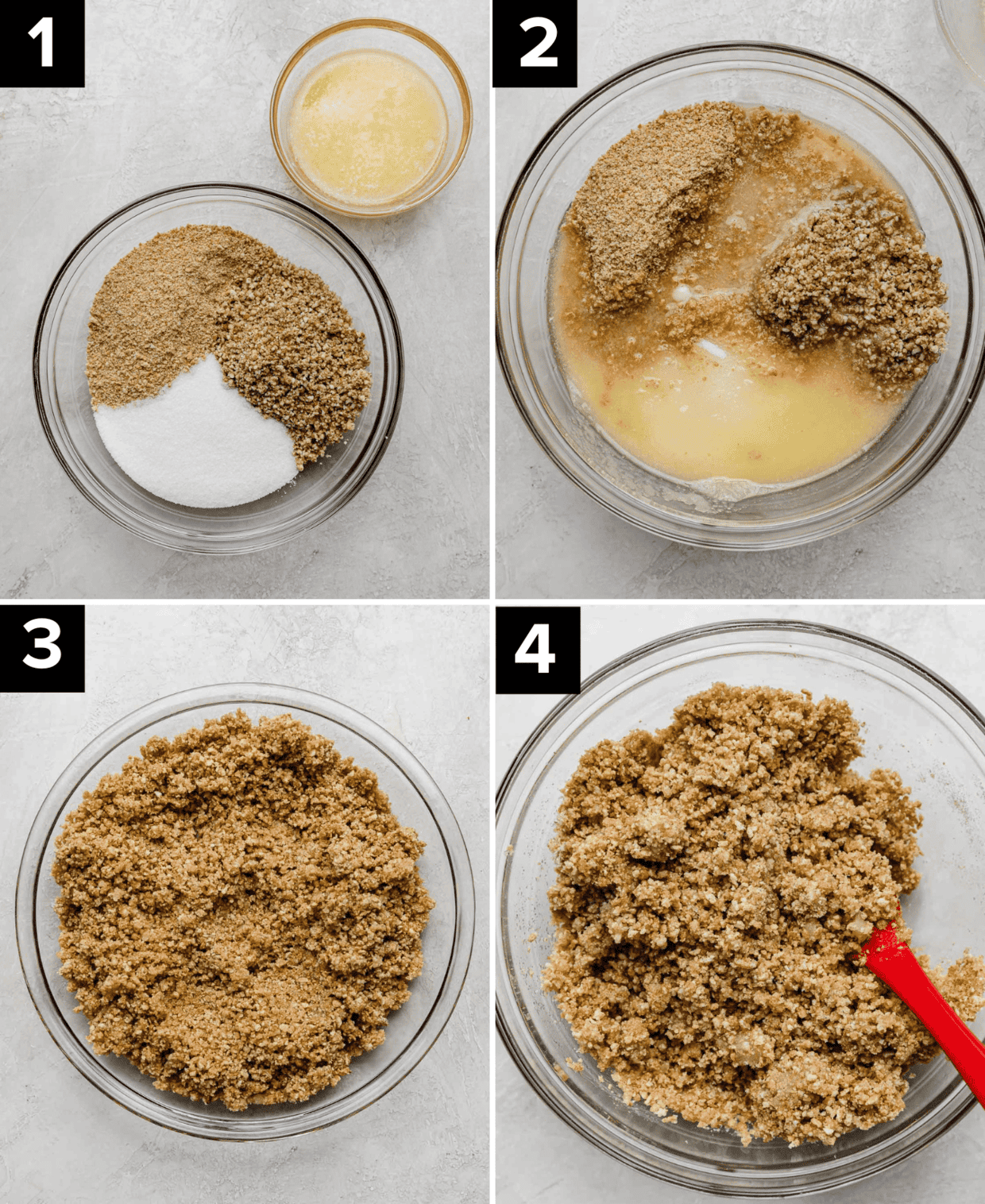 Four photos showing the process of making a graham cracker pecan crust that will be used for a no bake turtle pie.