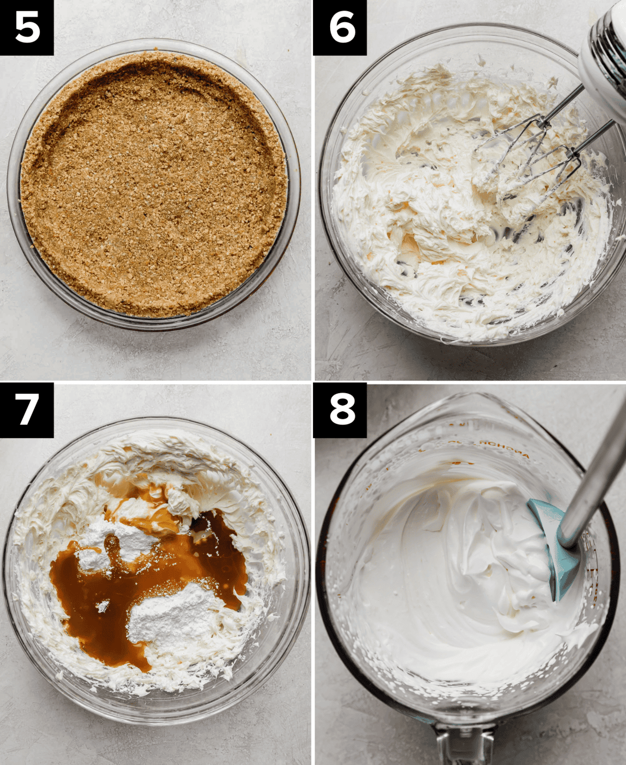 Four photos showing how to make an easy turtle pie recipe: pecan graham cracker crust (top left), whipped cream cheese in glass bowl (top right), caramel, powdered sugar and cream cheese in bowl (bottom left), whipped heavy cream in bowl (bottom right). 