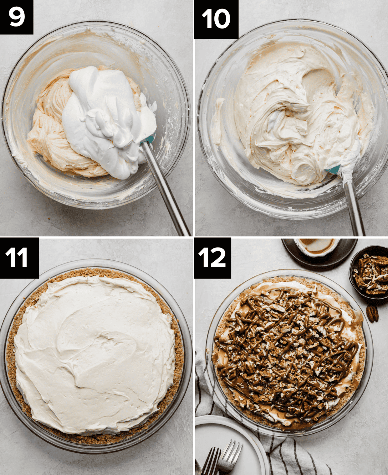 Four photos showing how to make Turtle Pie: top two photos are caramel cream cheese and whipped cream being mixed together, turtle pie in graham cracker crust (bottom left), chocolate caramel and pecan topped turtle pie on gray background (bottom right). 