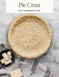 An easy Shortbread Pie Crust recipe baked in a round pie plate with the words, "Shortbread Pie Crust" written in black text above the image.