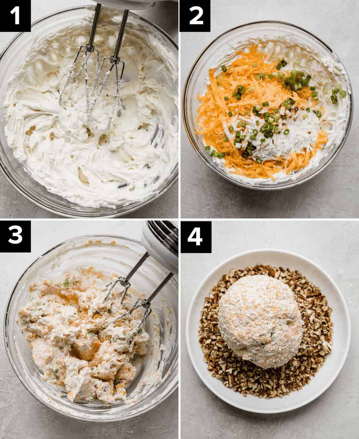 Four photos showing how to make a cheese ball recipe with pecans. 