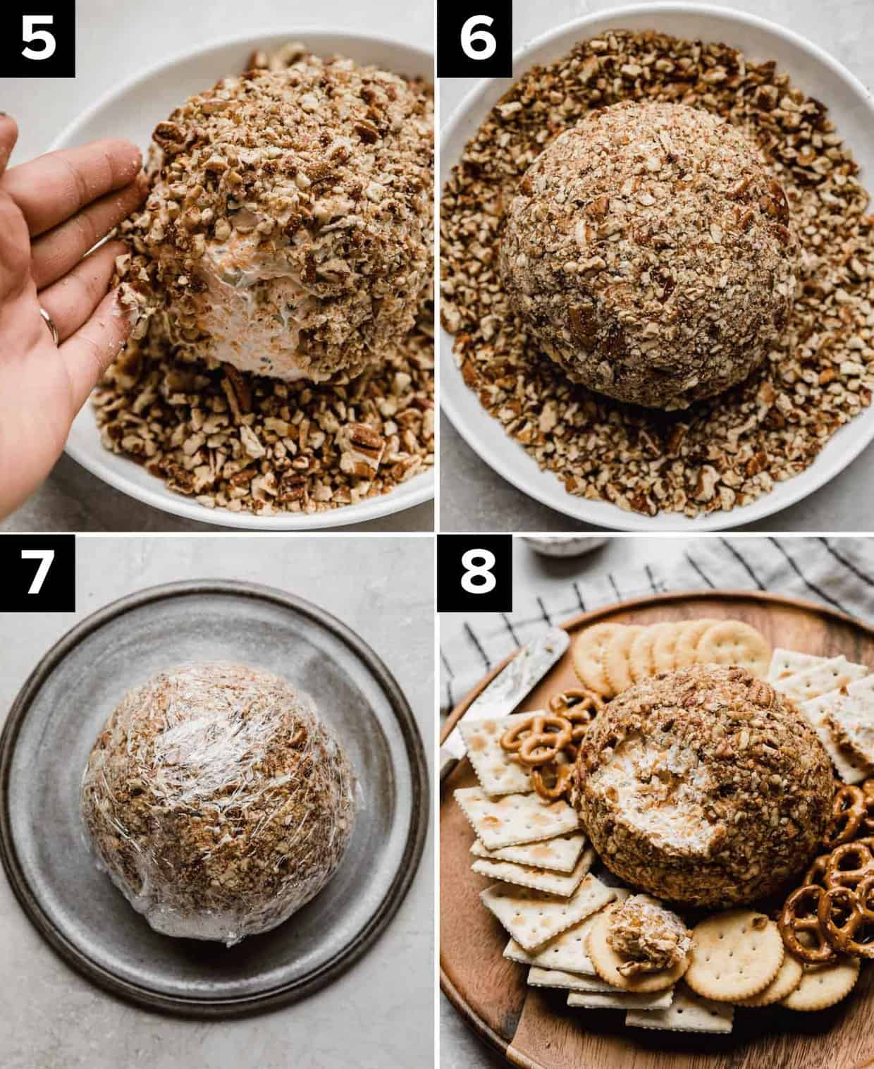 Four photos showing how to make a Christmas Cheese Ball, hand pushing pecans on a cheese ball (top left), pecan covered cheese ball on plate (top right), a flavorful cheeseball covered in plastic wrap (bottom left), a cheeseball on a brown plate surrounded by a variety of crackers.