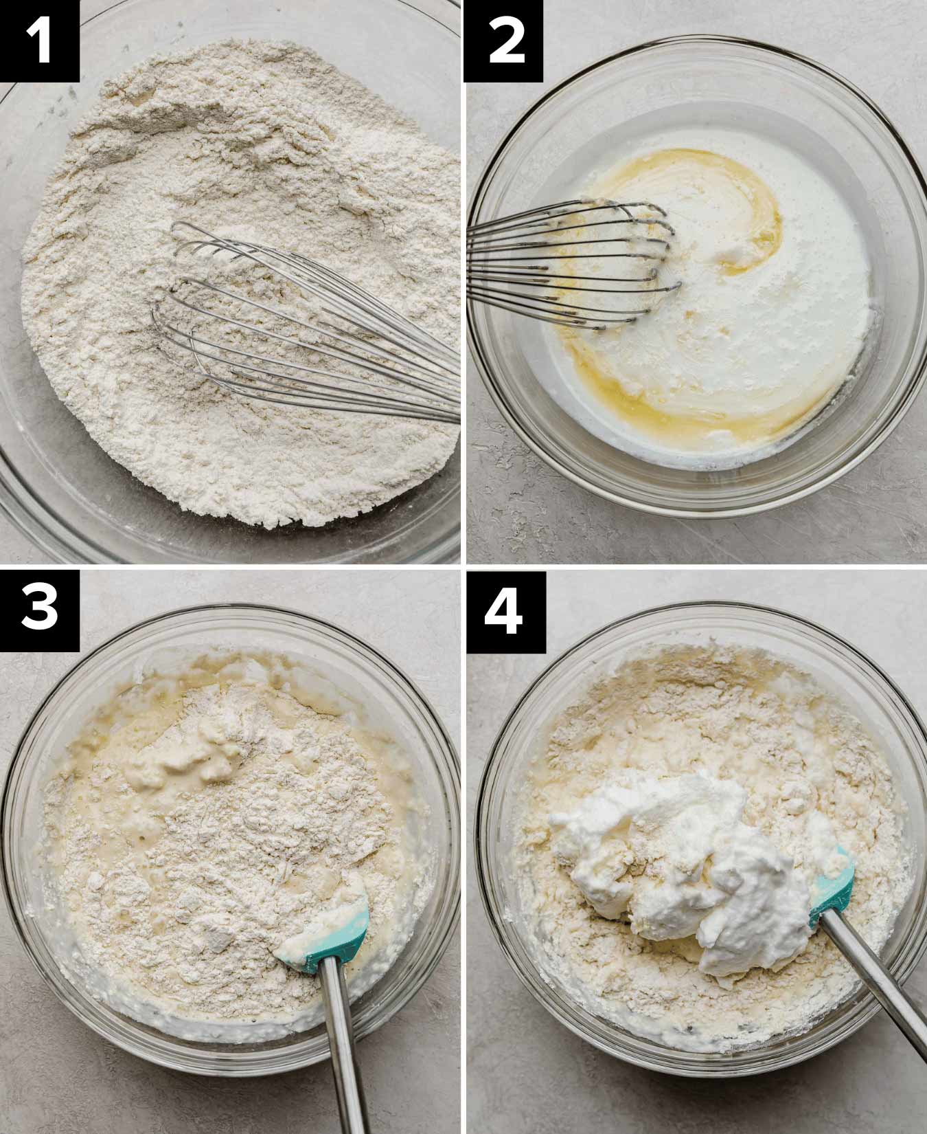 Four photos showing how to make Birthday Cake Pancake batter in a glass bowl.