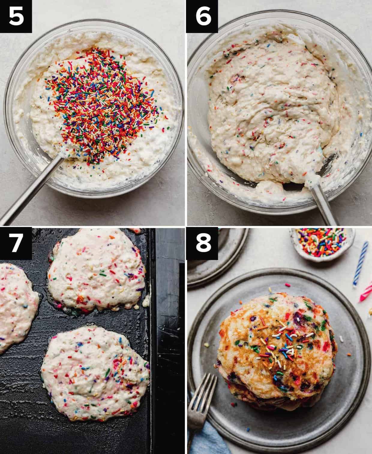 Buttermilk birthday cake pancake batter with colorful sprinkles in a glass bowl (top left), mixed funfetti pancake batter in a glass bowl (top right), Birthday Cake Pancakes on a black skillet (bottom left), a stack of sprinkle pancakes on a gray plate (bottom right).