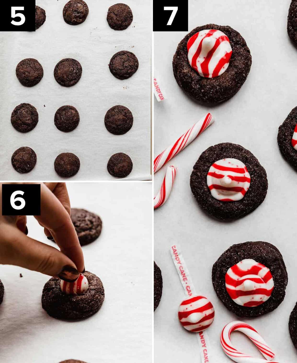 Three photos showing how to make peppermint blossom cookies with a candy cane kiss on top.