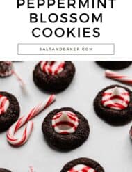 Chocolate Peppermint Blossoms on a white parchment paper with the words, "peppermint blossom cookies" written in black text above the photo.