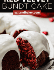 A moist red velvet cake made in a bundt pan topped with a cream cheese glaze with the words, "Red Velvet Bundt Cake" written in white text above the photo.