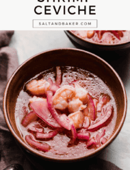 A bowl filled with the best Shrimp Ceviche recipe with the words, "Shrimp Ceviche" written in black text above the photo.