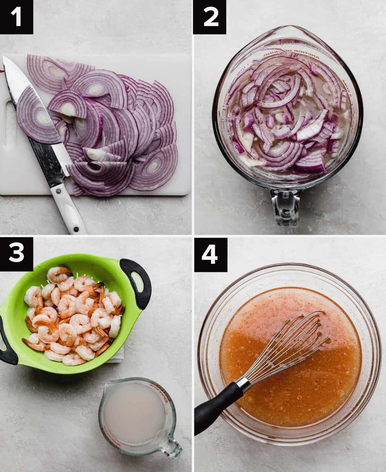 Four photos showing how to make traditional Shrimp Ceviche with cooked shrimp: thinly sliced purple onions (top left), sliced purple onions in a lemon lime juice (top right), cooked shrimp in colander and shrimp water to the side of the colander (bottom left), subtle red liquid mixture in a glass bowl (bottom right).