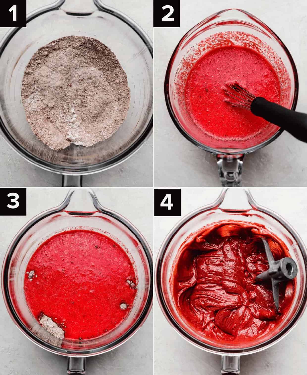 Four photos showing the process of how to make Red Velvet Bundt Cake batter in a glass bowl: dry ingredients in glass bowl (top left), red liquid batter in glass bowl (top right and bottom left), fully mixed red velvet cake batter in a mixing bowl (bottom right).