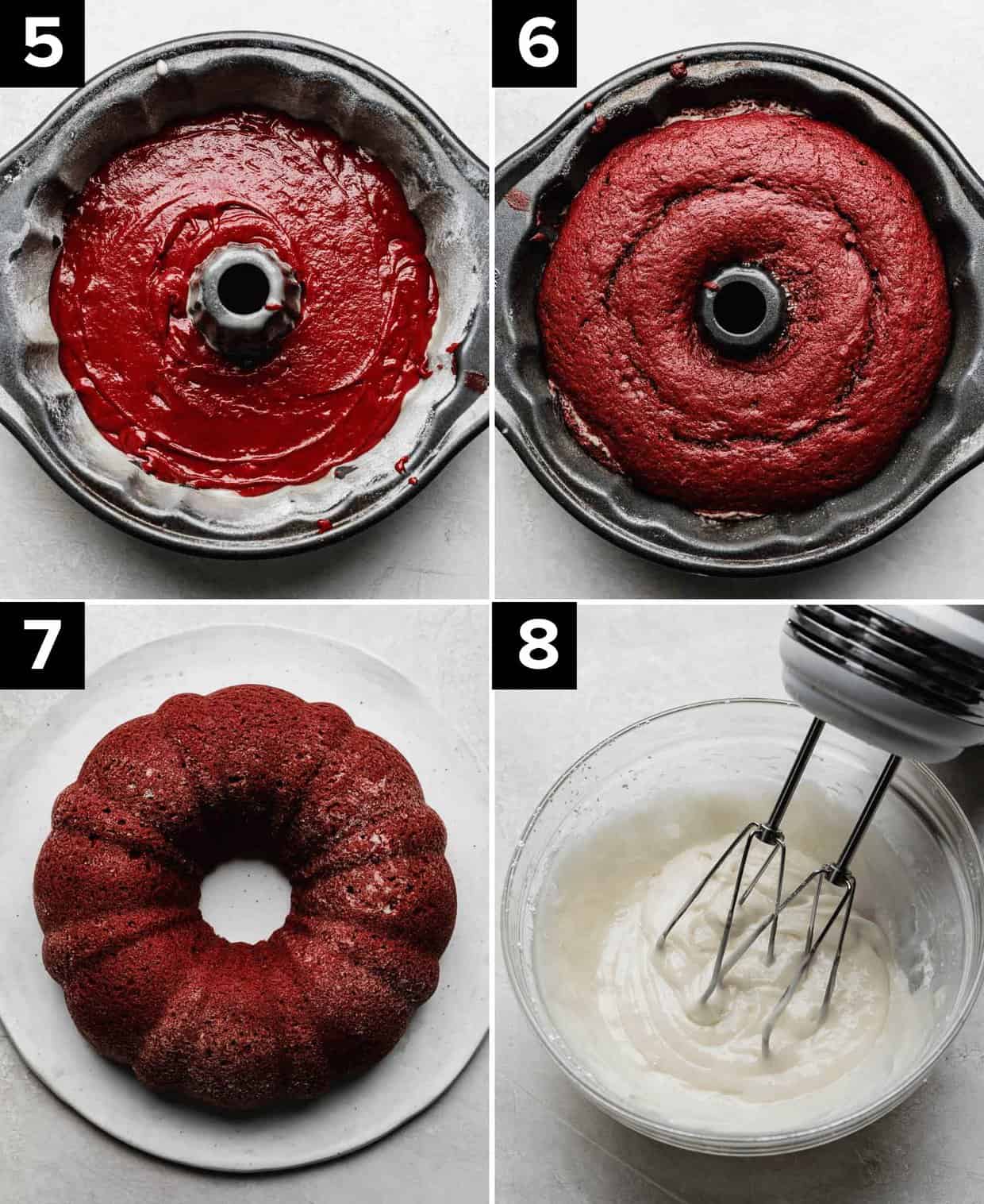 Four Red Velvet Bundt Cake process photos: red velvet cake batter in a bundt pan (top left), baked red velvet cake in a bundt pan (top right), baked red velvet bundt cake on a white plate (bottom left), cream cheese glaze in a glass bowl (bottom right).