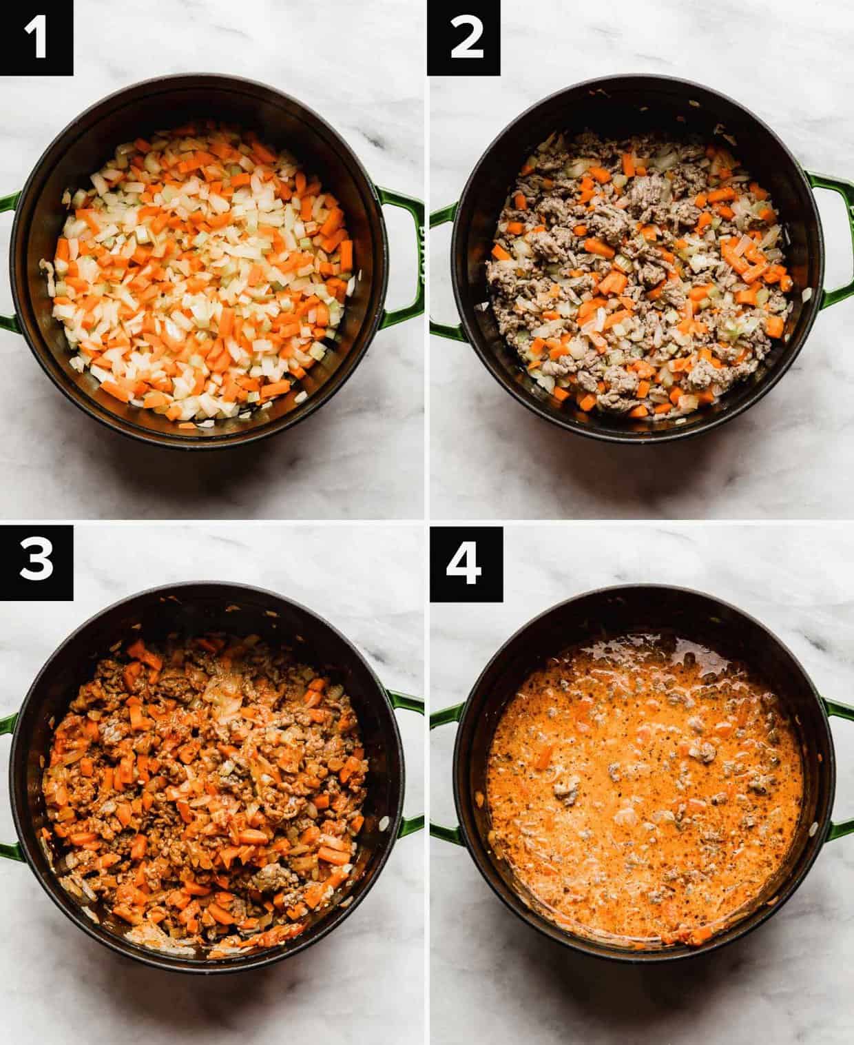 Four photos showing how to make creamy Italian Sausage Rigatoni: diced carrot, onion and celery in dutch oven (top left), cooked Italian sausage with carrot, onion, and celery (top right), tomato paste mixed amongst cooked sausage and diced vegetables (bottom left), heavy cream and water added to a tomato based Italian Sausage Rigatoni sauce (bottom right). 