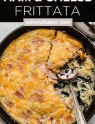 Baked breakfast cheese and ham frittata recipe with the words, "Ham and Cheese Frittata" written in white text above the photo.