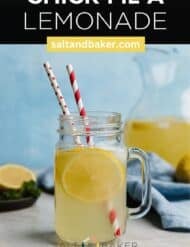 A glass of fresh lemonade in a glass cup against a light blue background with the words, "Chick-fil-A Lemonade" written in white text above the photo.
