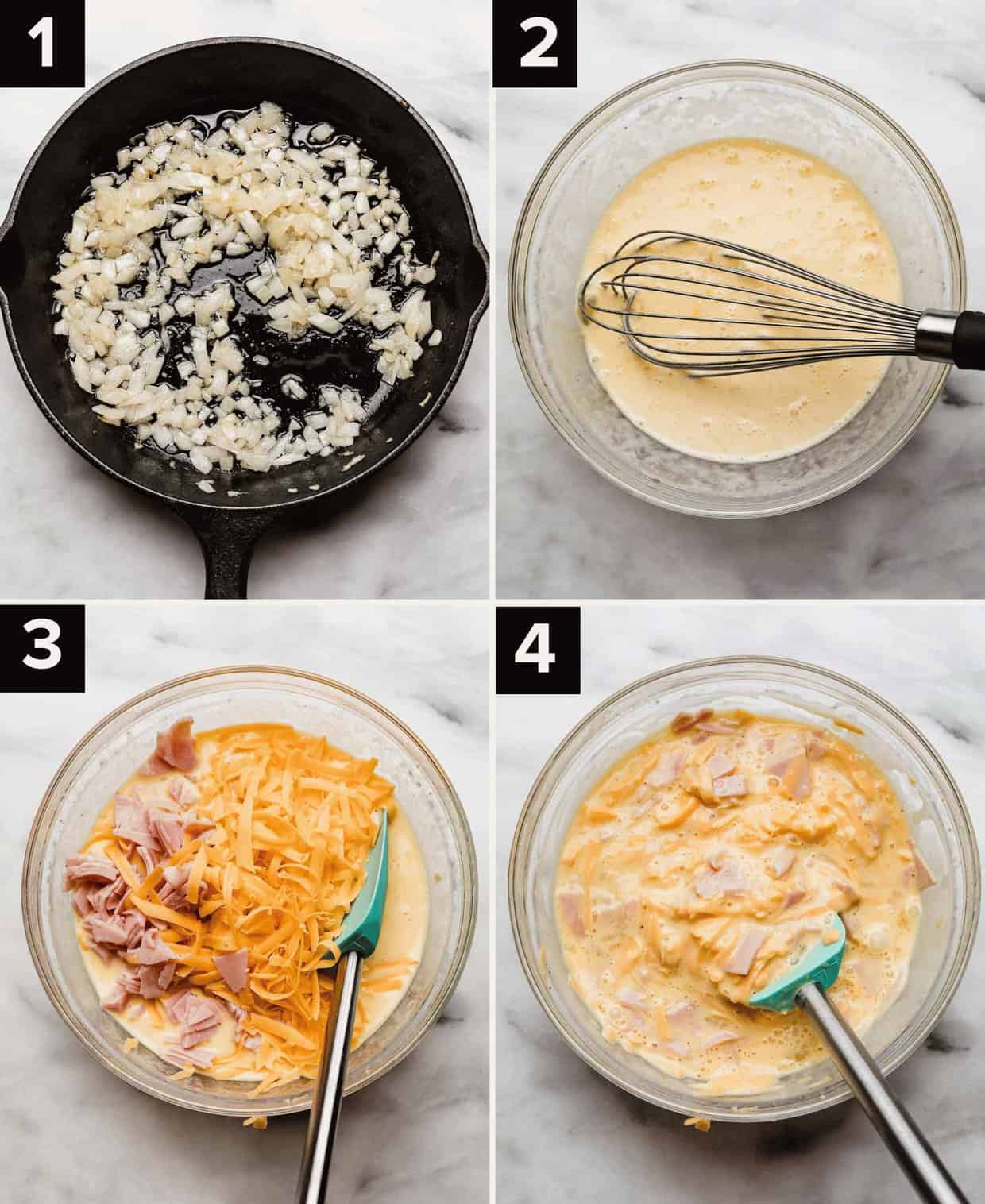 Four photos showing the making of a Ham and Cheese Frittata: onions cooked in black pan (top left), eggs whisked in glass bowl (top right), ham and cheese mixed into egg mixture (bottom left), stirred together ham and cheese egg mixture in glass bowl (bottom right).