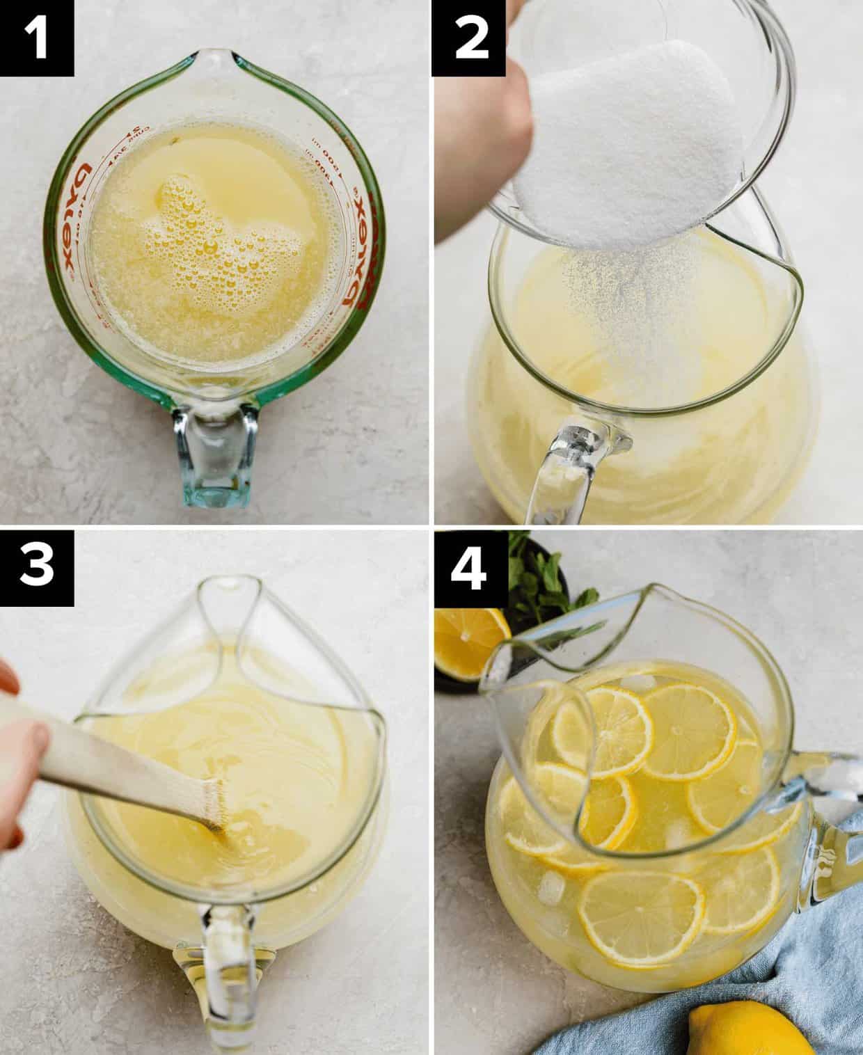 Four photos showing how to make copycat chick-fil-a lemonade using fresh squeezed lemon juice, sugar, water, and then all mixed together in a glass pitcher.