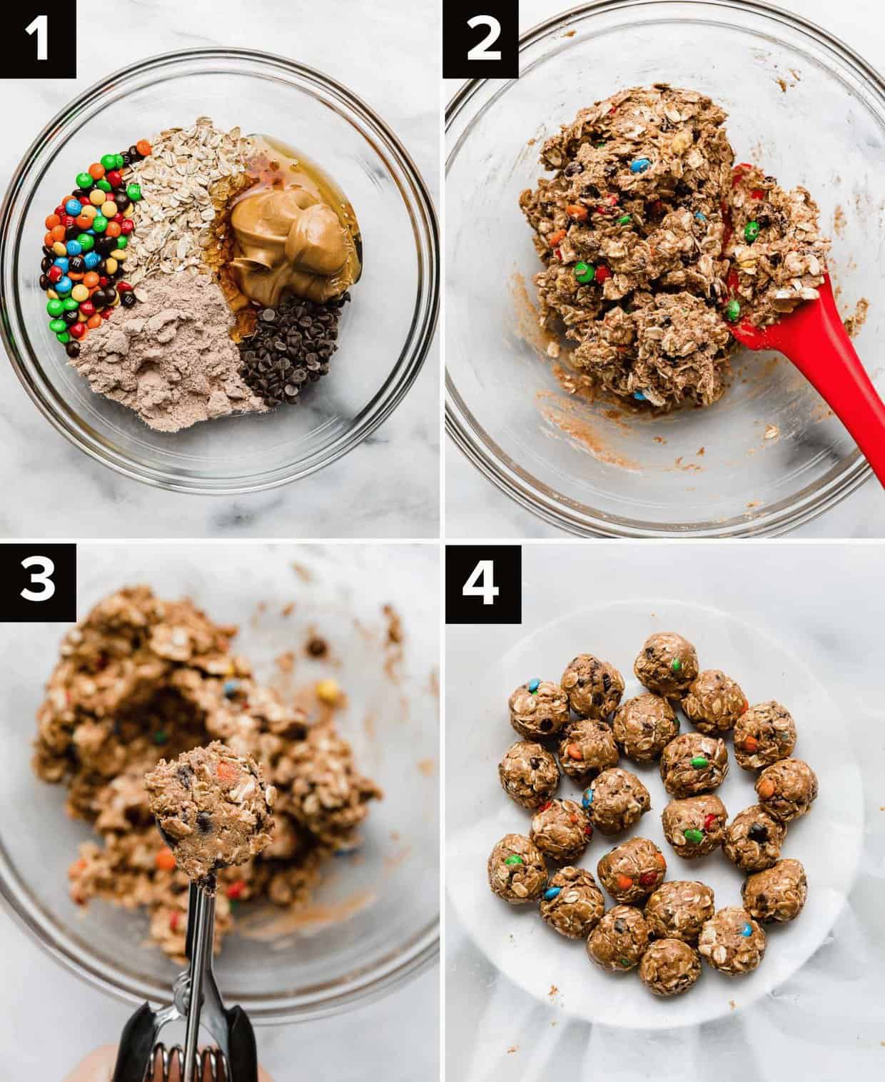 Four photos showing how to make the best Monster Cookie Protein Balls: glass bowl with m&m's, peanut butter, oats, and protein powder in it (top left), said mixture all mixed together in glass bowl (top right), cookie scoop portioning the protein ball mixture (bottom left), Monster Cookie Protein Balls portioned into balls on a white plate (bottom right).