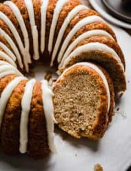 A Banana Bread Bundt Cake with cream cheese icing.