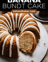 A Banana Bread Bundt Cake on a white cake plate with the words, "Banana Bundt Cake" in white text above the photo.