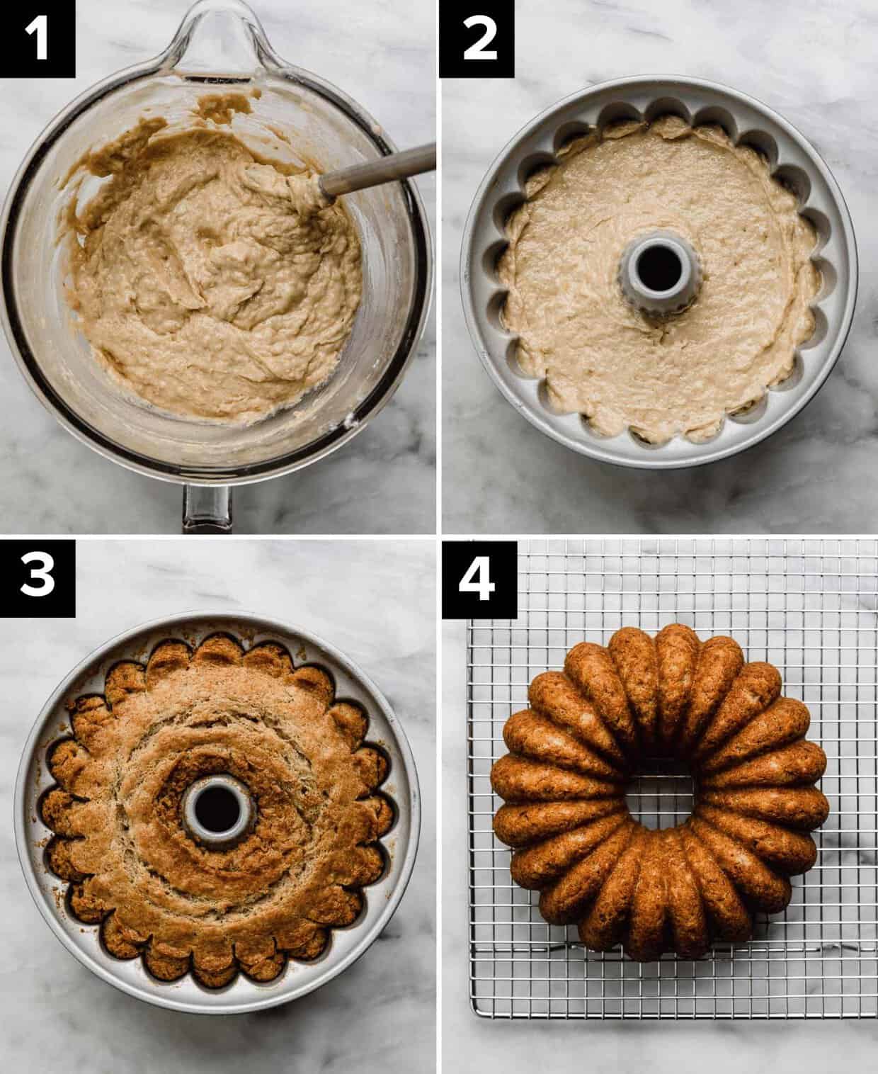 Four photos showing how to make the best Banana Bundt Cake recipe: banana bundt cake batter in glass bowl (top left), banana bread bundt cake batter in a bundt pan (top right), a baked banana bundt cake in a bundt pan (bottom left), a fully baked Banana Bread Bundt Cake on a wire cooling rack (bottom right).
