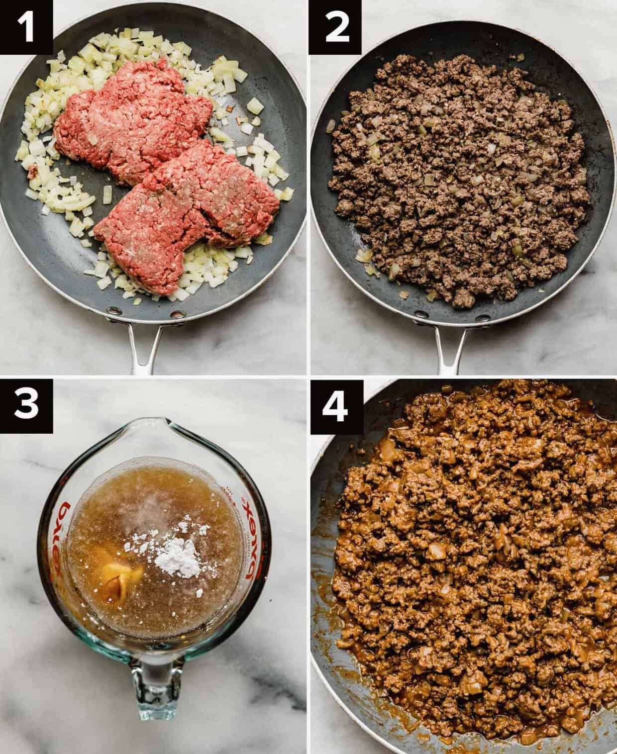 Four photos showing the process of how to make Cheeseburger Sloppy Joes: raw ground beef and diced onion in skillet (top left), cooked ground beef and onion in skillet (top right), beef broth, cornstarch, mustard, and ketchup in glass measuring cup (bottom left), finished and saucy cheeseburger sloppy Joe mixture in a skillet (bottom right).