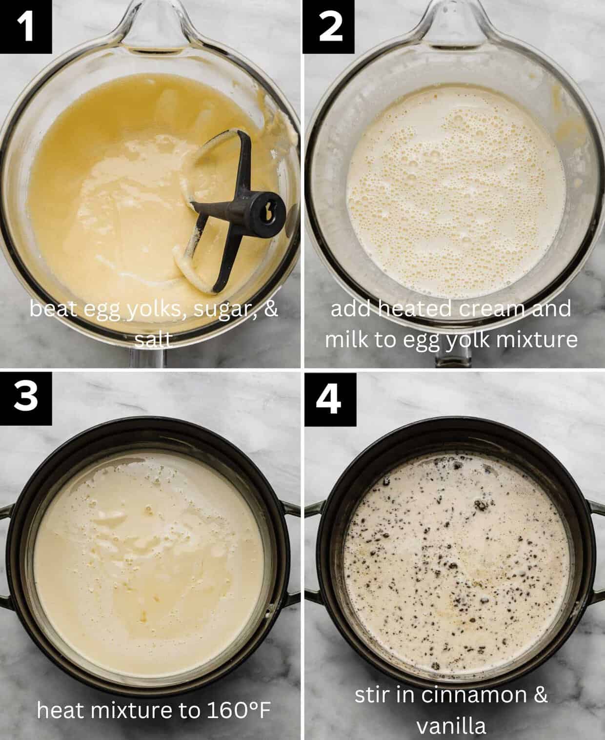 Four photos showing the process of making Cinnamon Ice Cream with egg yolks being whipped then warmed on the stove to a safe temperature.