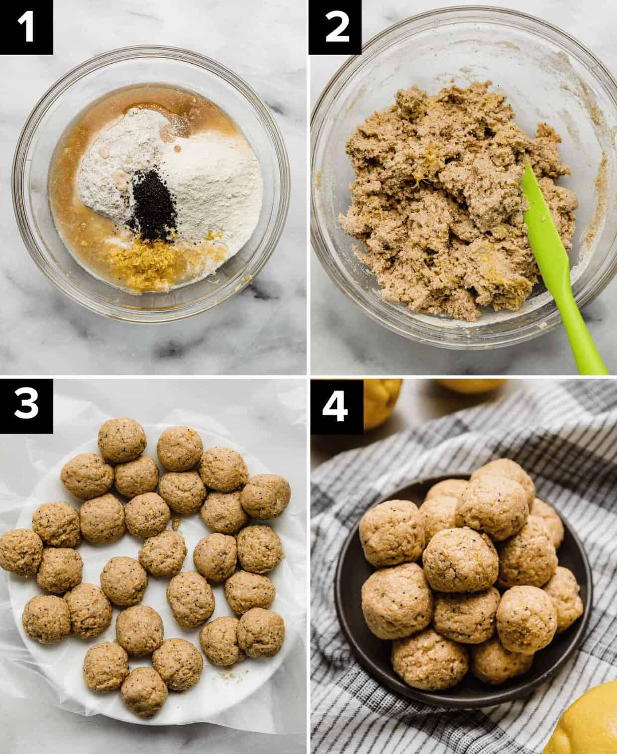 Four photos showing how to make Lemon Protein Balls.