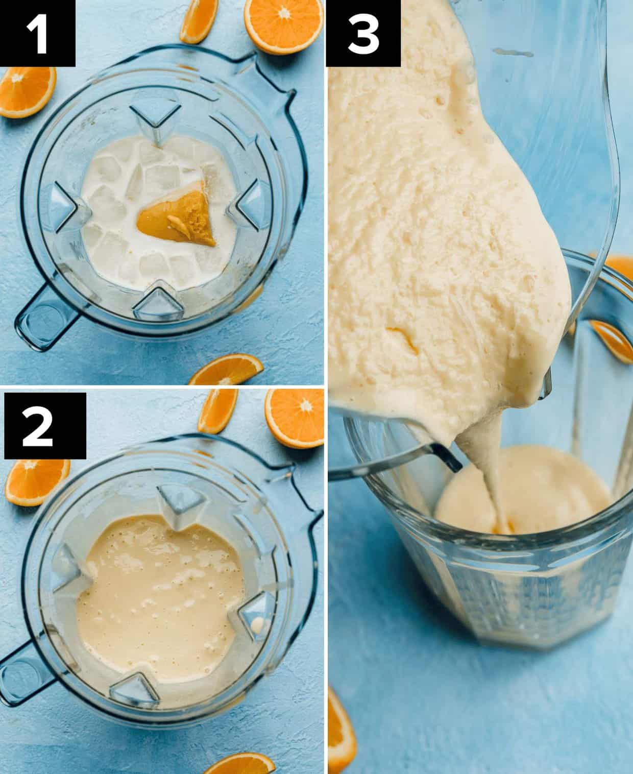 Three photos showing the process of how to make a homemade orange Julius drink using a blender and frozen orange juice concentrate.