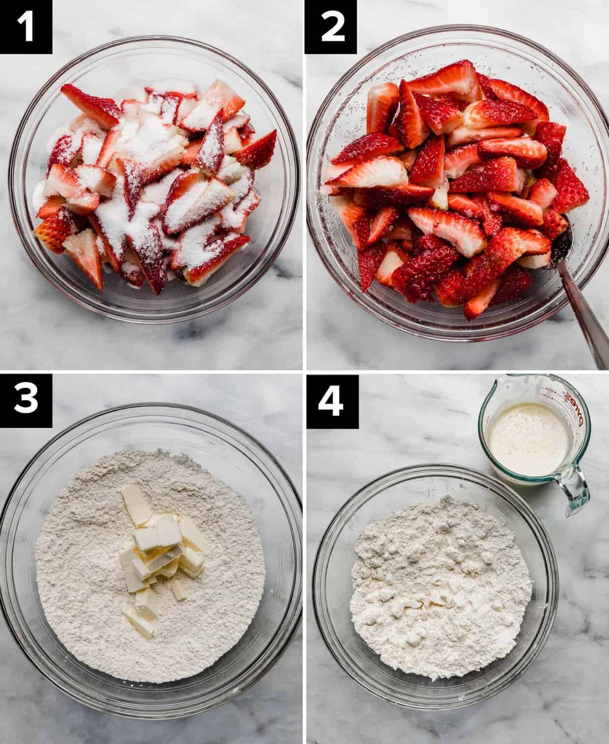 Four photos showing how to make traditional strawberry shortcakes: sugar overtop quartered strawberries (top left), sugared strawberries in glass bowl (top right), cubed butter atop flour (bottom left), butter cut into flour mixture in glass bowl (bottom right).