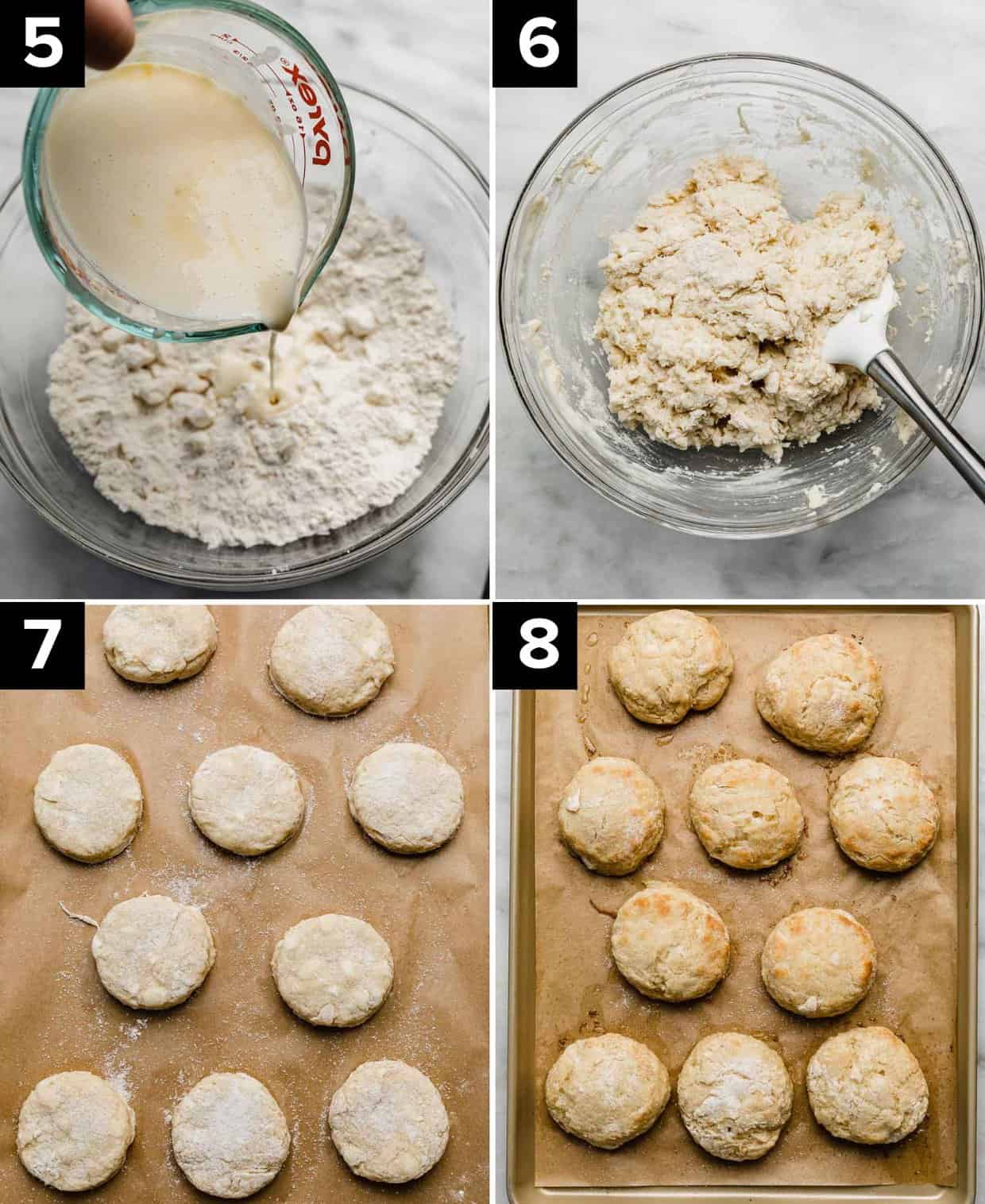 Four photos showing how to make the best strawberry shortcake recipe: wet mixture being poured into glass bowl filled with flour biscuit mixture (top left), biscuit dough in a glass bowl (top right), raw circle biscuits on a parchment lined baking sheet topped with sugar (bottom left), baked golden biscuits for strawberry shortcake on a baking sheet (bottom right).