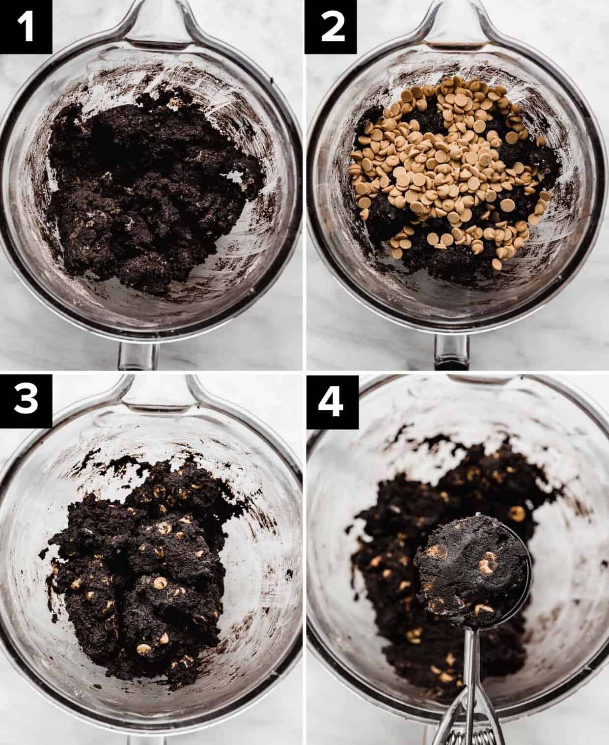 Four photos showing how to make Peanut Butter Oreo Cookies using crushed Oreos, black cocoa powder, and peanut butter chips.