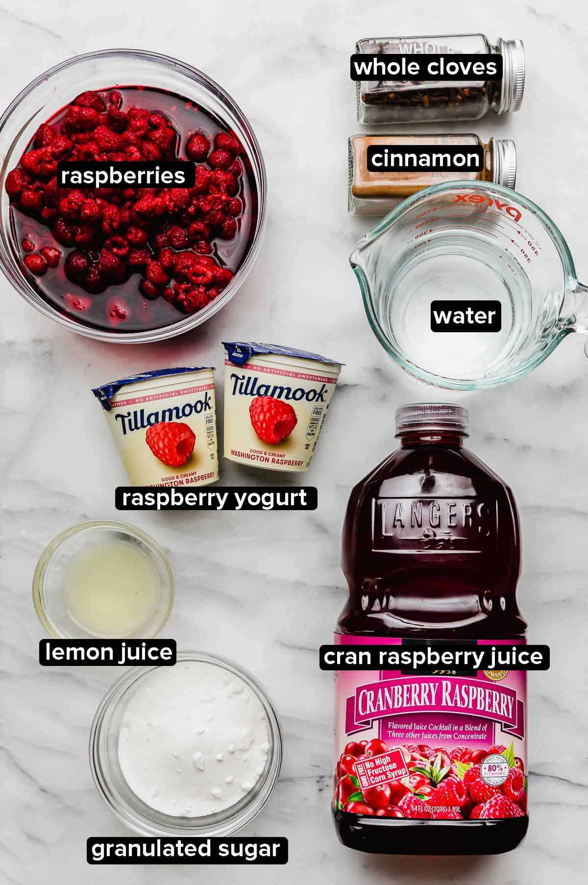 Ingredients used to make Cold Raspberry Soup recipe: cranberry raspberry juice, sugar, lemon juice, raspberry yogurt, fresh raspberries, cinnamon, cloves, and water.
